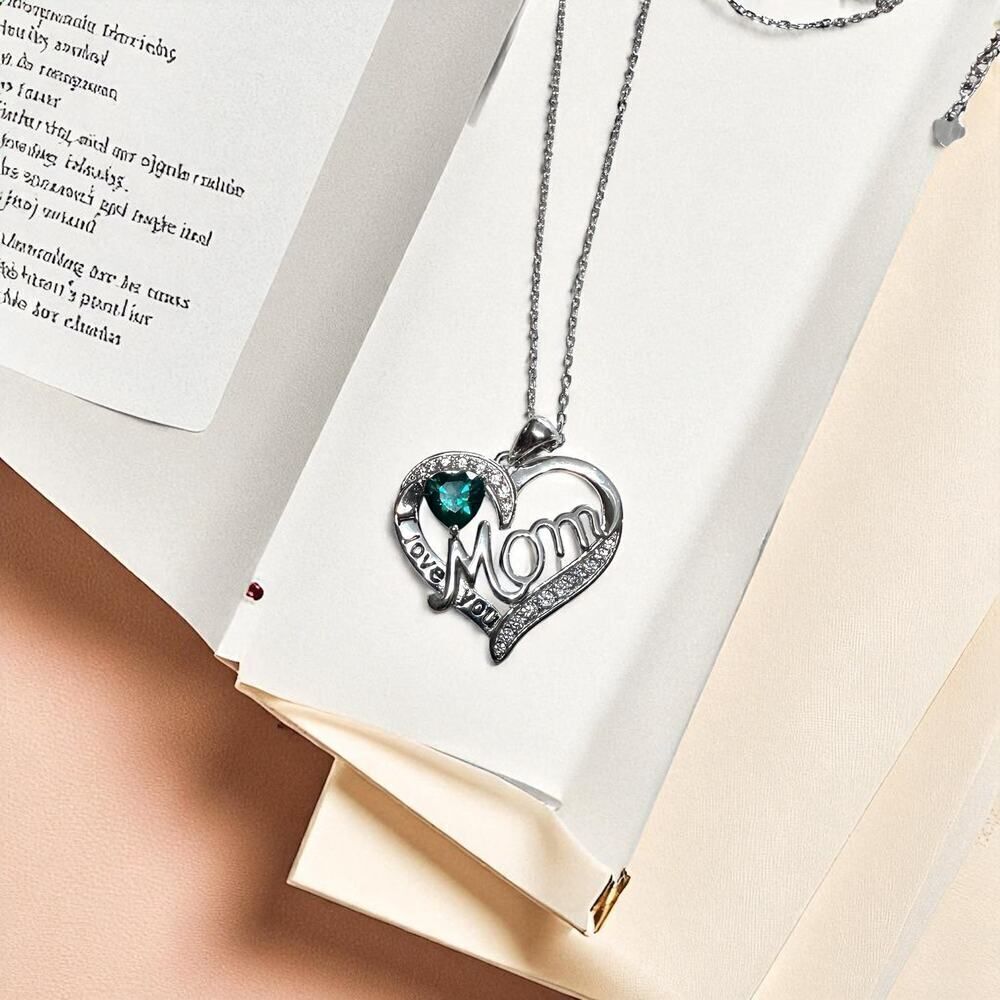 I Love You Mom Green Cz Heart Sterling Silver Necklace - Picture 2 of 6